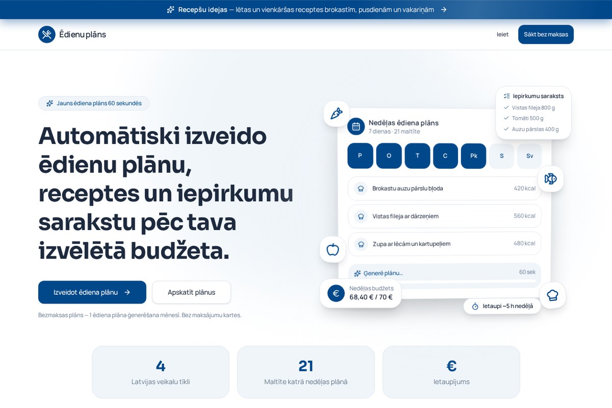 Ēdienu plāns mājaslapas dizaina paraugs